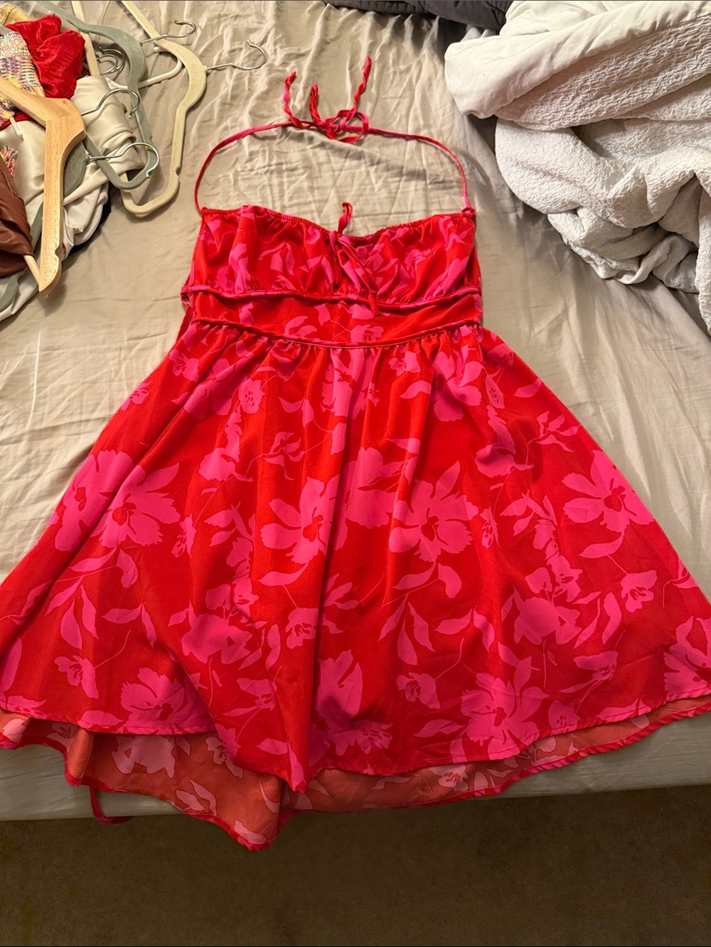 SHEIN Red & Pink Floral Backless Halter Dress